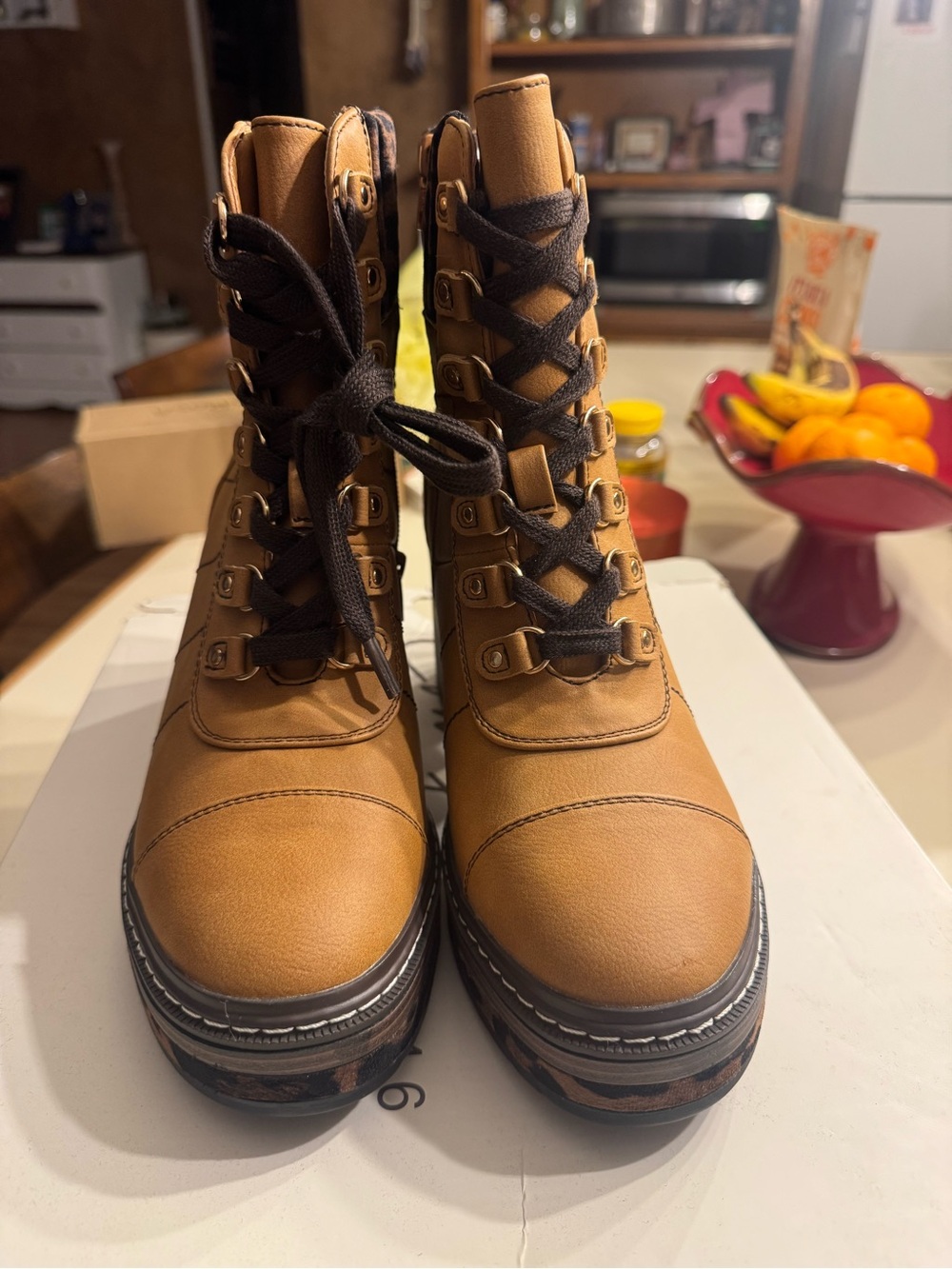 Women's Tan Lace-Up Platform Combat Boots